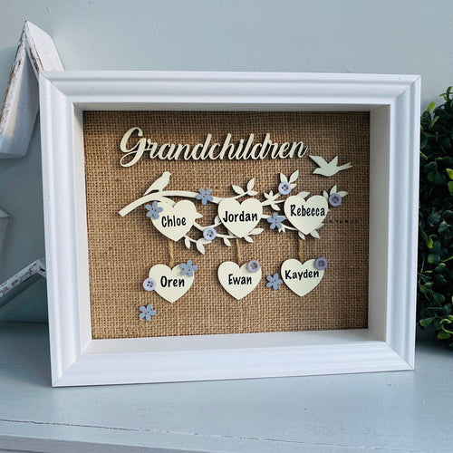 framed family tree gift with the word grandchildren and names on hearts