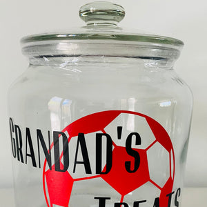 glass snack jar with football image and personalised text