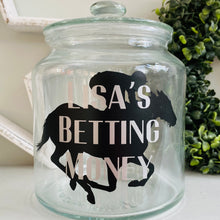 Load image into Gallery viewer, glass jar with horse image personalised racing fund jar
