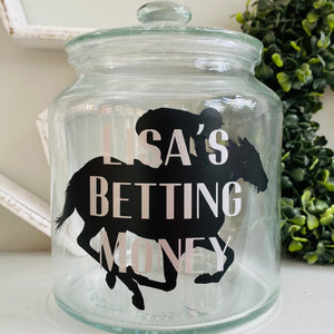 glass jar with horse image personalised racing fund jar