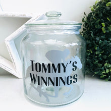 Load image into Gallery viewer, glass jar with horse image personalised racing fund jar
