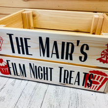 Load image into Gallery viewer, natural wooden crate personalised with your choice of text with popcorn sweet cupcake and ticket image
