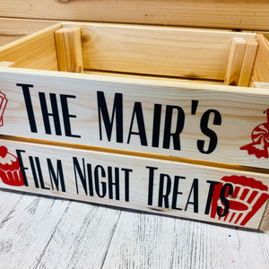 natural wooden crate personalised with your choice of text with popcorn sweet cupcake and ticket image