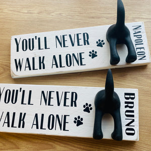 wooden plaque you'll never walk alone dog lead hook with dog tail hooks and name