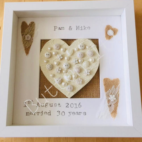 framed personalised pearl wedding anniversary gift with heart