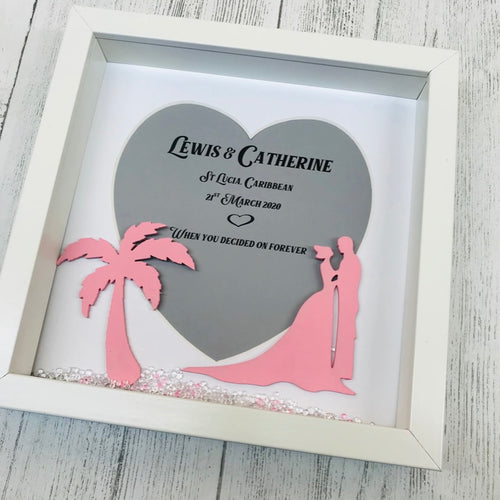 personalised destination wedding framed gift with wooden palm tree