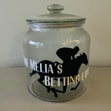 Load image into Gallery viewer, glass jar with horse image personalised racing fund jar
