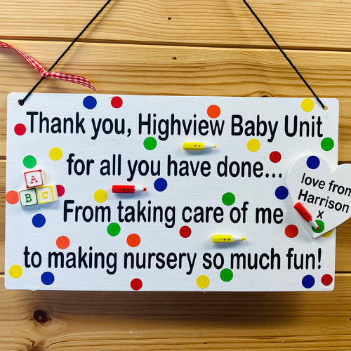 white thank you plaque for child's nursery with bright coloured spots