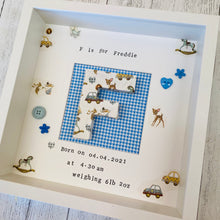 Load image into Gallery viewer, new baby personalised frame with initial in the middle
