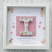 Load image into Gallery viewer, baby girl personalised box frame with decoupage vintage style paper and hand stamped text
