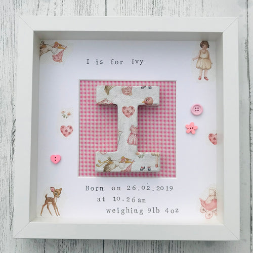 baby girl personalised box frame with decoupage vintage style paper and hand stamped text