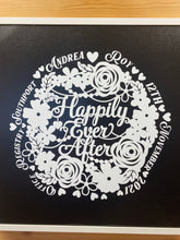 Load image into Gallery viewer, personalised wedding gift picture with floral design white on black background
