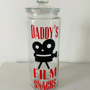 glass personalised film night snack jar with red text and black video camera image