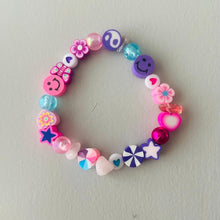 Load image into Gallery viewer, pink and lilac elasticated bracelet with mixed beads flowers hearts
