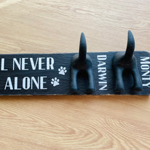 Load image into Gallery viewer, wooden plaque you&#39;ll never walk alone dog lead hook with dog tail hooks and name
