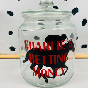 glass jar with horse image personalised racing fund jar