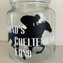 Load image into Gallery viewer, glass jar with horse image personalised racing fund jar
