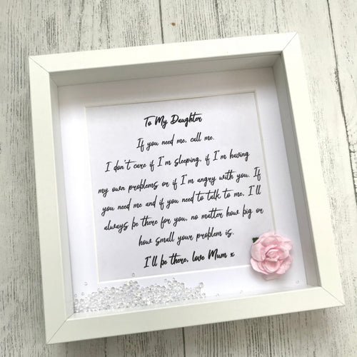 sentimental poem for daughter in a frame with crystals and a paper rose