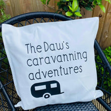 Load image into Gallery viewer, personalised caravan cushion cover 50cm x 50cm with a caravan image 
