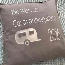 Load image into Gallery viewer, personalised caravan cushion cover 50cm x 50cm with a caravan image
